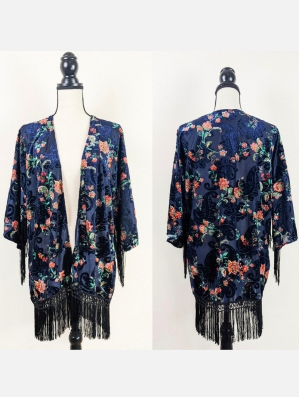 NWT Cotton Bleu Fringed Velvet Burnout Floral Kimono, Size Large